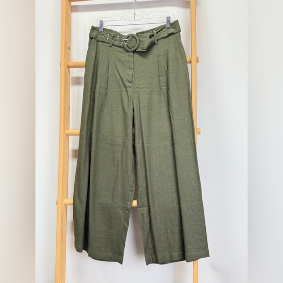 INC International Concepts Olive green belted Linen blend wide leg pants size M - Picture 3 of 13